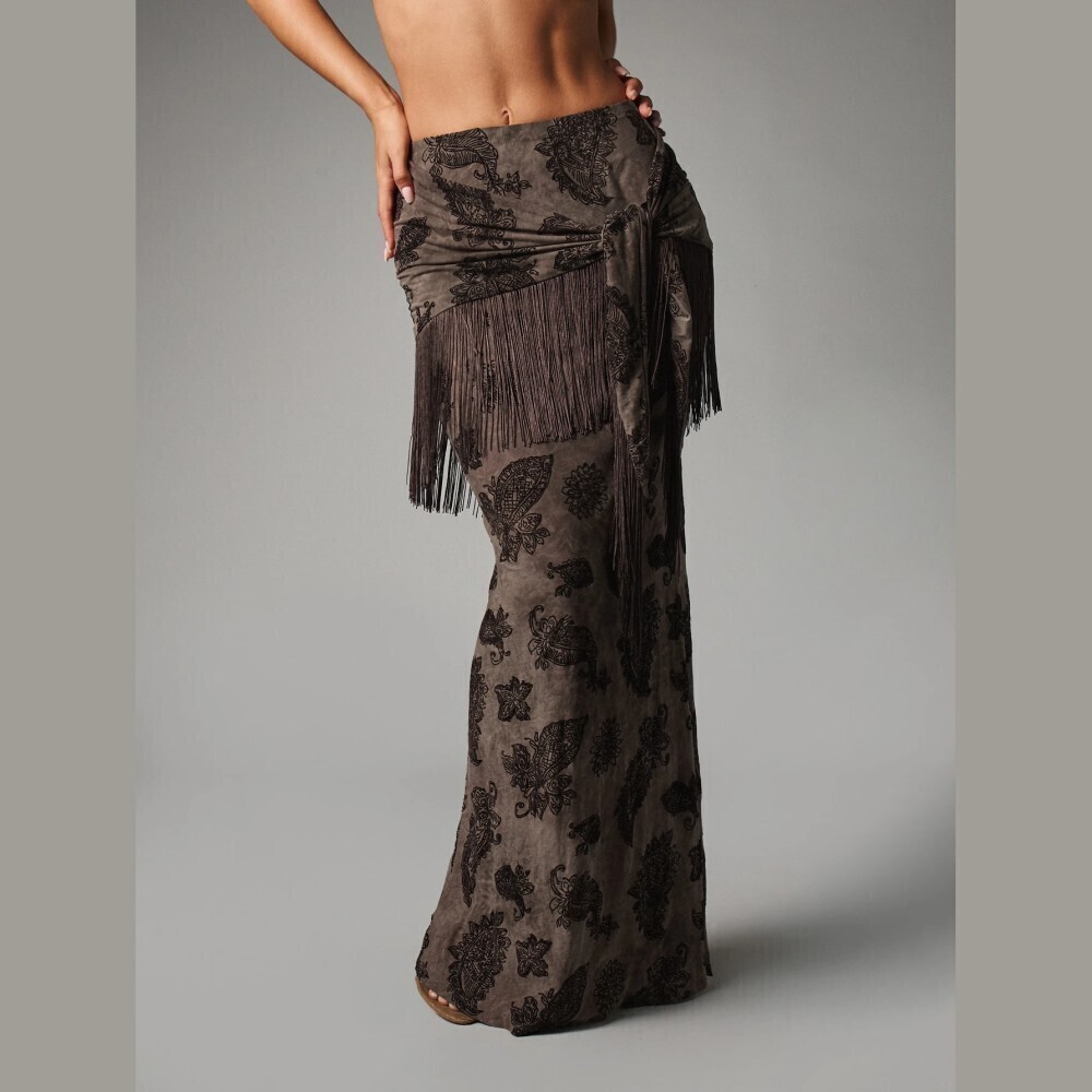 Faded Brown Paisley Print Fringe Trim Faux Suede Maxi Skirt